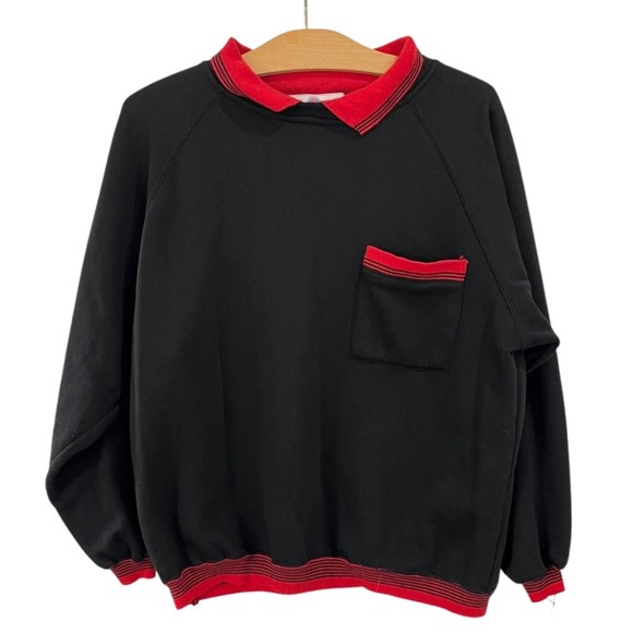 Vintage Tops - Vintage Black and Red Collared Chest Pocket Pullover Sweatshirt Contrast Sz M
